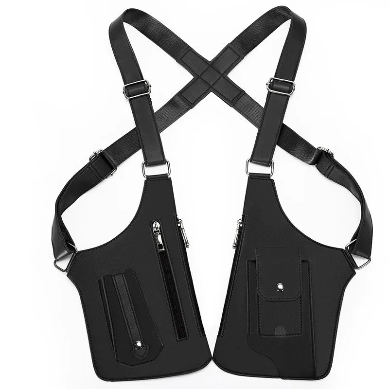 Black anti-theft underarm wallet bag with adjustable strap shown from the back