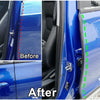 Comparison showing before and after application of car door seal strips for noise reduction and weatherproofing.