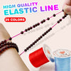 A hand is shown using a high quality line of 25 colored elastic cord for beading and jewelry making, with a spool of red and 