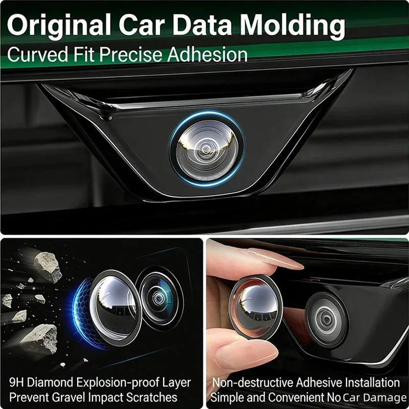 Close-up of a car molding with a camera lens protector installed, showing precise adhesion for scratch prevention.