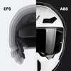 Close-up view of a full-face motorcycle helmet showing the combination of ABS and EPS protection layers.