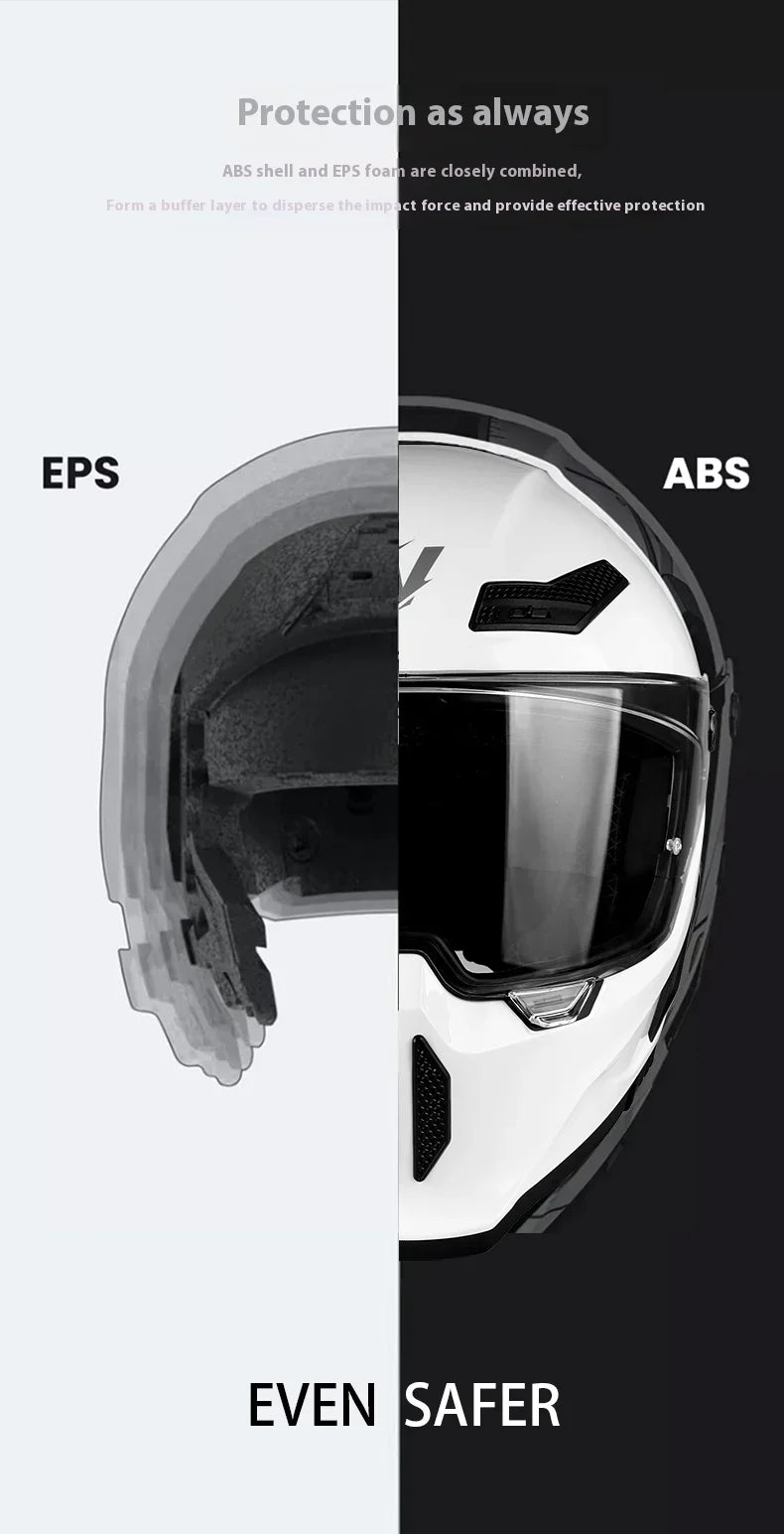 Close-up view of a full-face motorcycle helmet showing the combination of ABS and EPS protection layers.