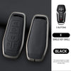 A black single key shell car key cover with five buttons shown next to a black background.