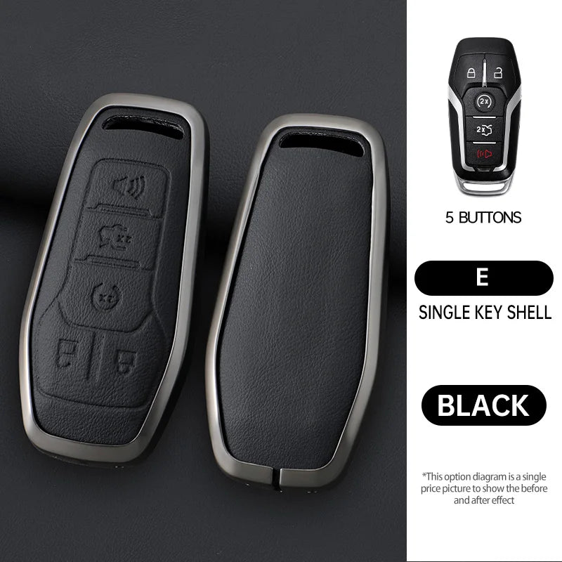 A black single key shell car key cover with five buttons shown next to a black background.