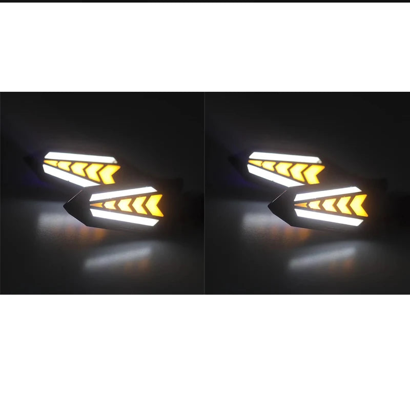A pair of universal 12V motorcycle LED flowing turn signal indicators shown in close-up.