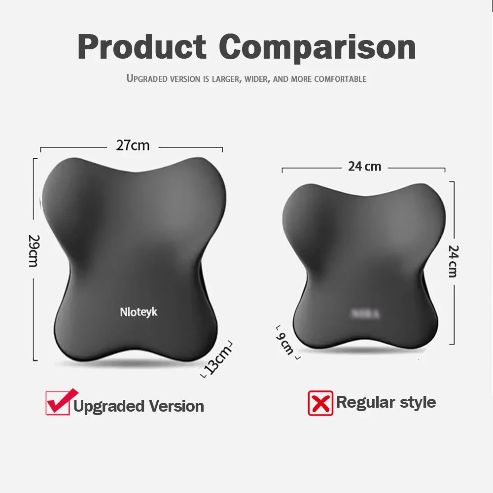 Comparison of an upgraded memory foam car headrest and lumbar support cushion against a regular style.