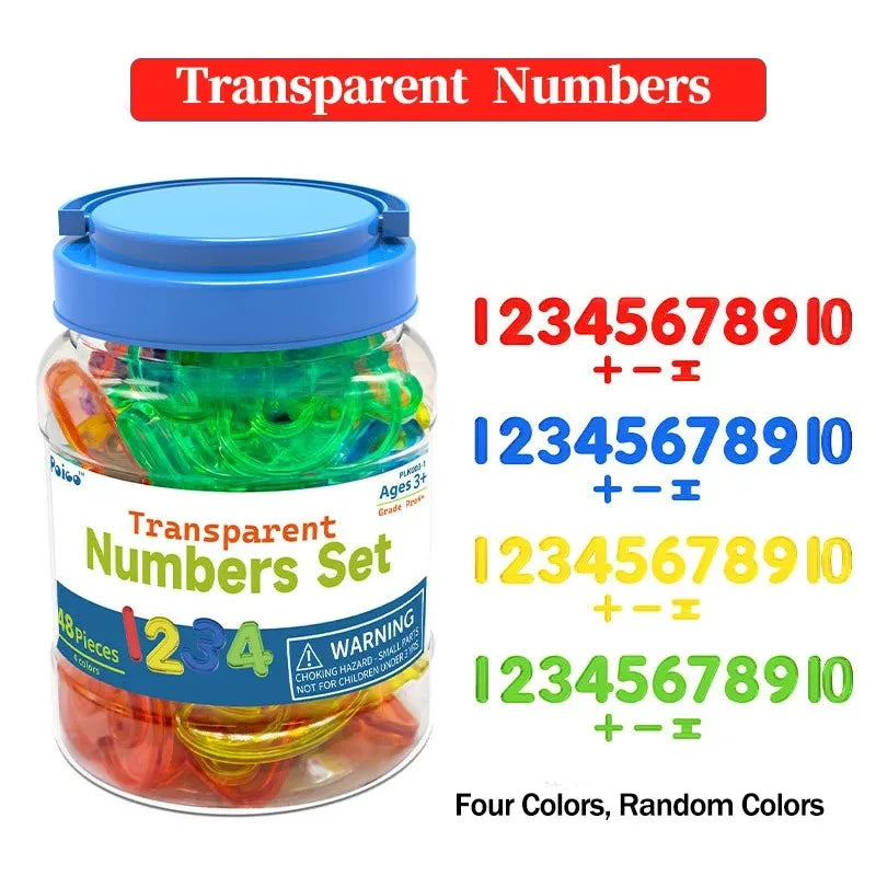 A jar of transparent numbers set with various colored plastic letters and numbers for sensory learning