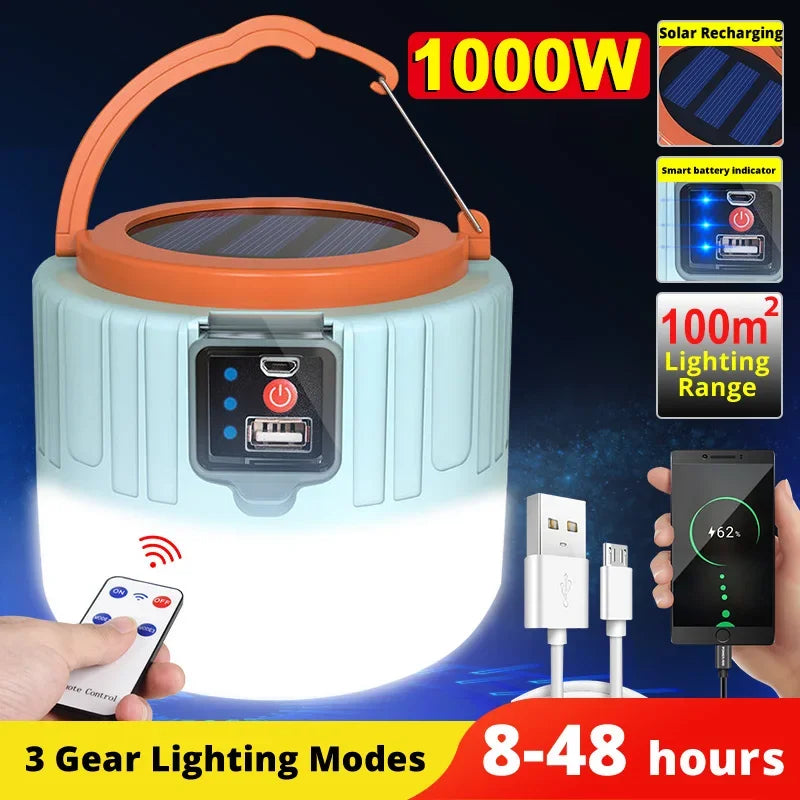Solar-Powered LED Camping Lantern with Power Bank & Remote