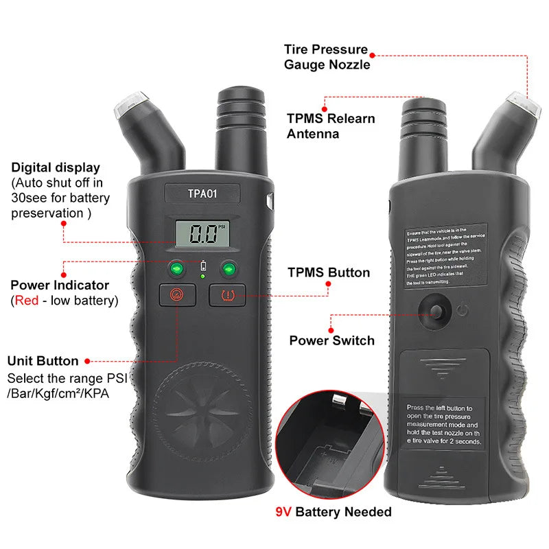 A black TPMS relearn tool with a digital tire pressure gauge and power switch is shown.