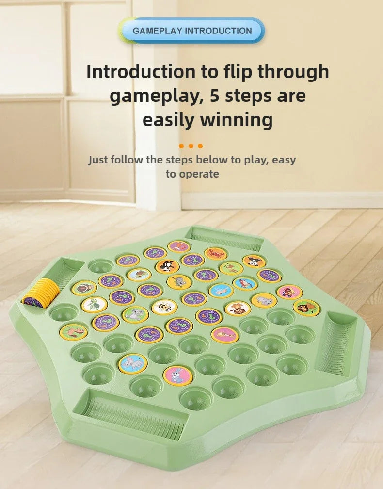 A green flip through gameplay game board with colorful tiles and a wooden background.