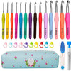 Ergonomic crochet hook set with 14 sizes in various colors stored in a light blue case