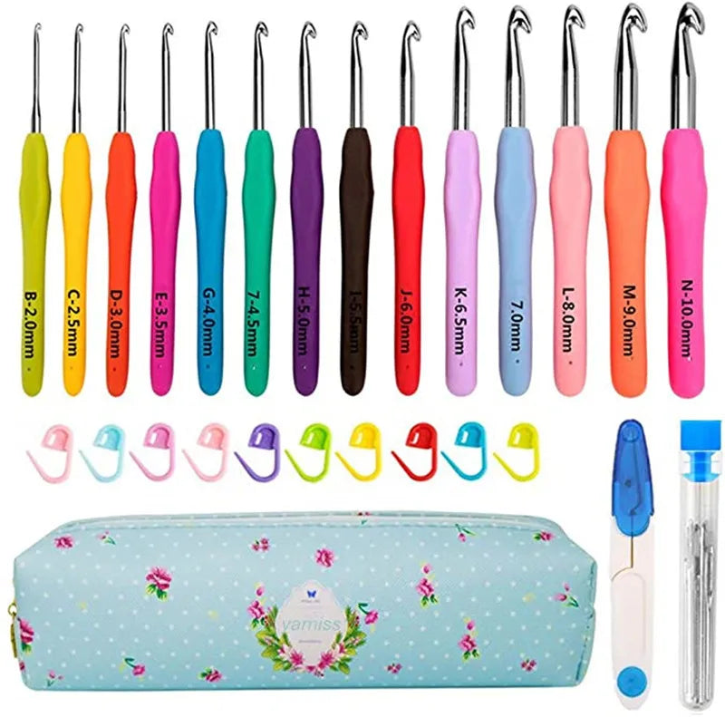 Ergonomic crochet hook set with 14 sizes in various colors stored in a light blue case