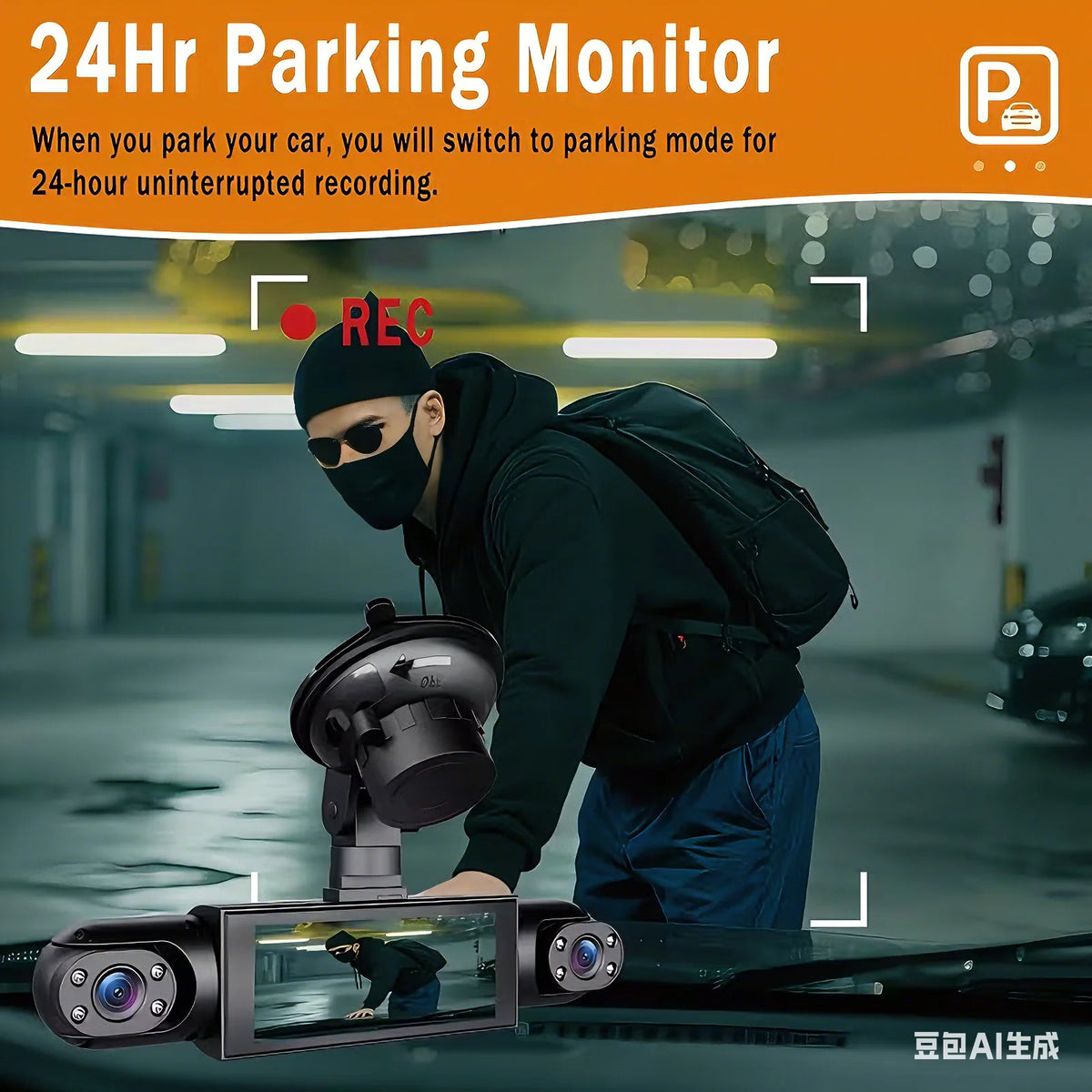 A person is installing a 24Hr Parking Monitor device onto a car's windshield.