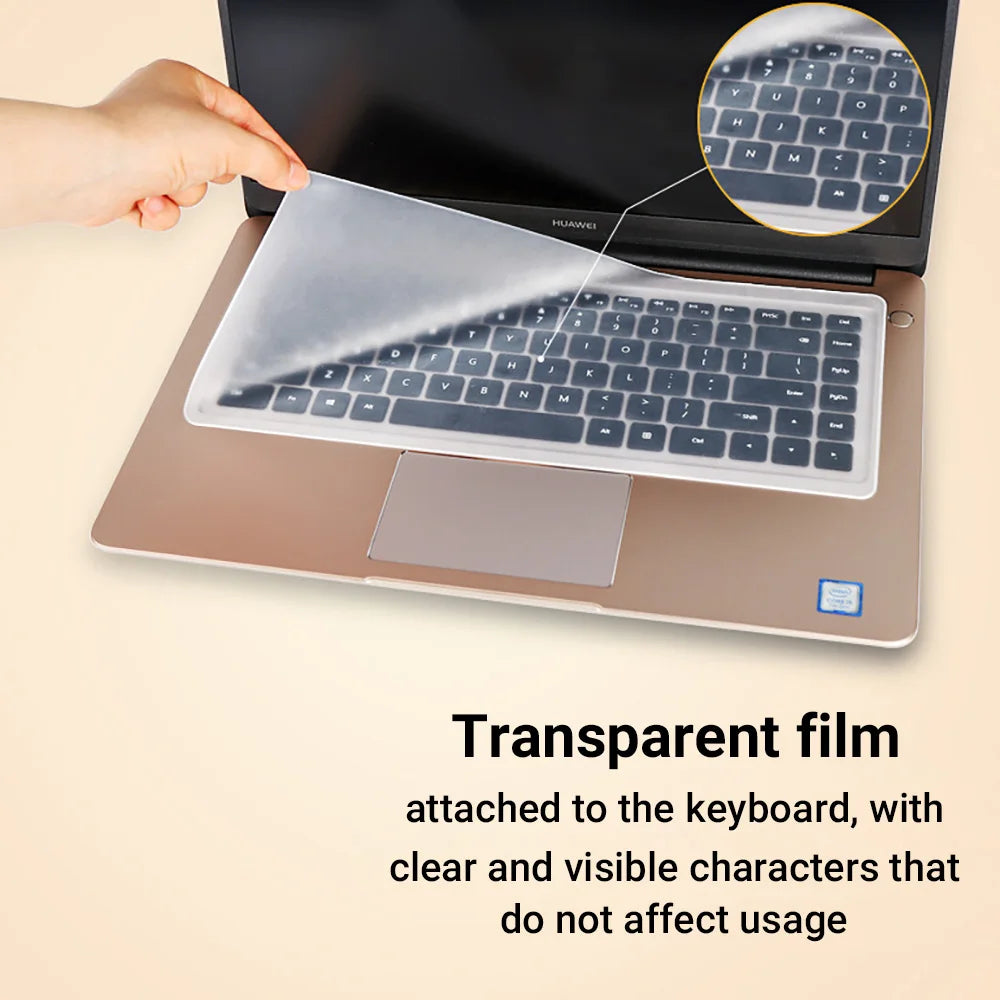 A transparent film attached to a laptop keyboard, showing clear and visible characters on the keys.