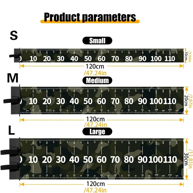 Diagram showing size parameters S, M, and L for a waterproof adhesive fishing ruler used for kayak and tackle box measurement