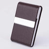 A dark brown slim card holder made of PU leather with a silver metal strip.