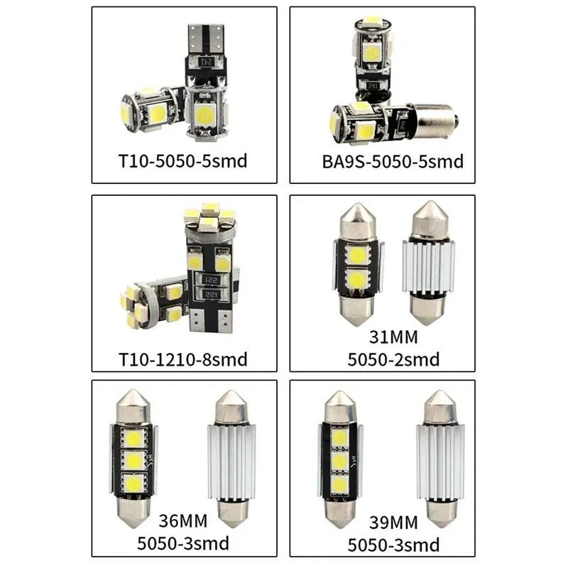 A collection of various T10 and BA9S LED car interior light upgrade kits for different sizes and applications.