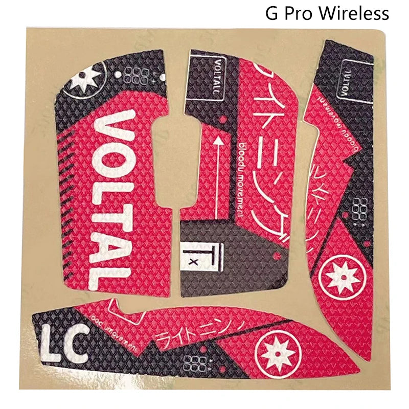 G Pro Wireless mouse grip tape featuring VOLTAL and LC designs on a beige background