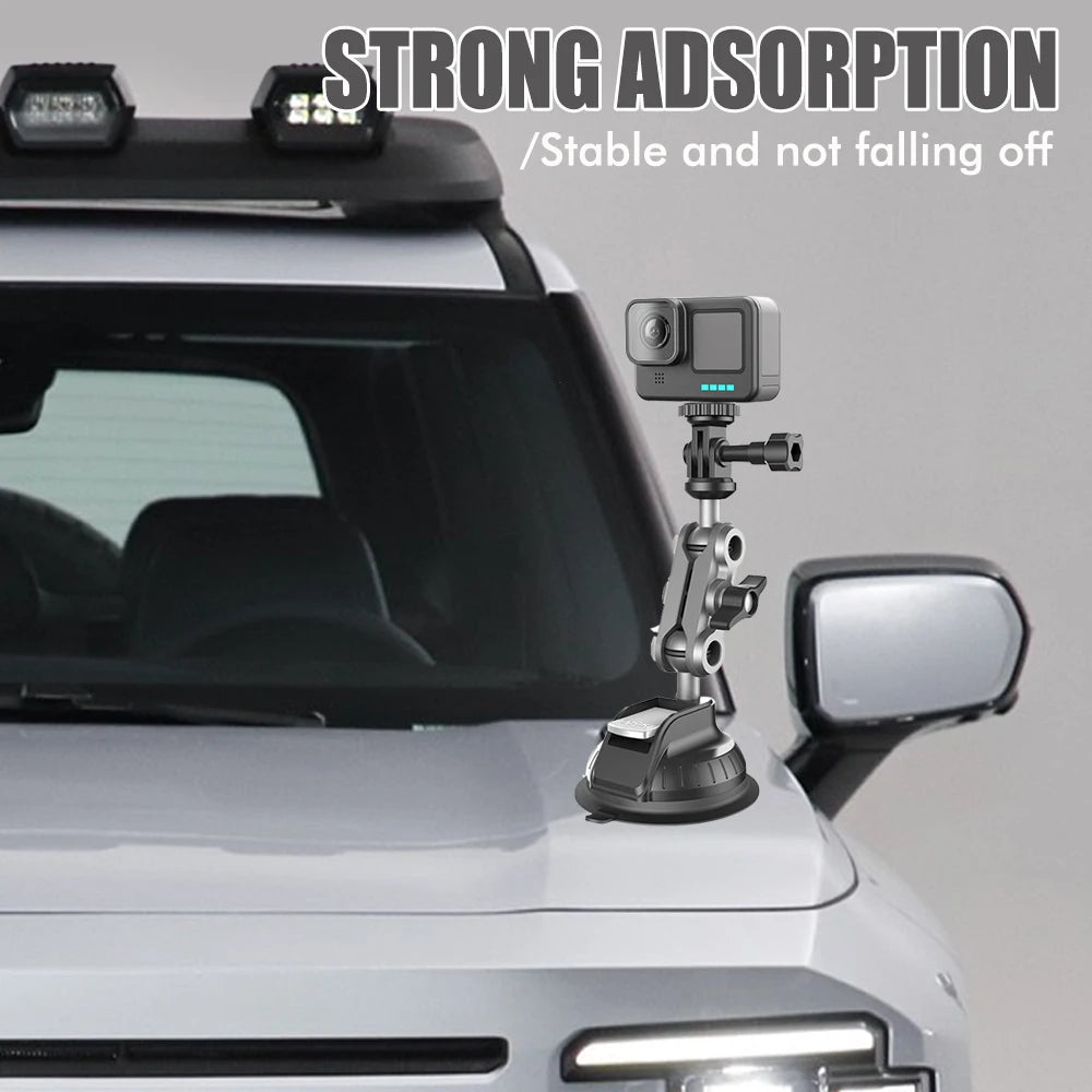 A universal car mount is installed on a white vehicle, featuring a camera setup for stable mounting.