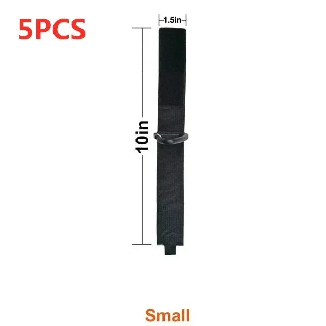 Five pieces of black heavy-duty nylon cord organizer straps with triangle buckles.