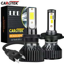 A pair of white LED headlight bulbs with turbo cooling fans shown next to their packaging box.