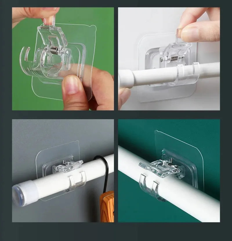 Close-up shots show adhesive curtain rod hooks clamping onto a white pole for shower or storage use.