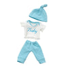 A baby outfit featuring a light blue knitted hat and matching light blue pants.