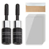 A set of black glass vials and a clear plastic sheet for DIY windshield repair resin kit