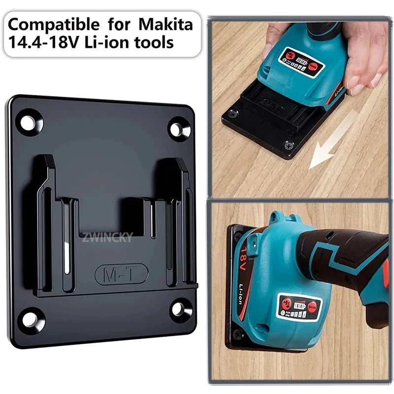 A black wall-mount battery holder for Makita 14.4-18V Li-ion tools, shown in two views.