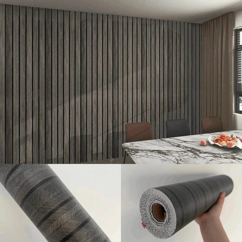 Roll of self-adhesive wood grain wallpaper featuring vertical dark stripes for wall decoration