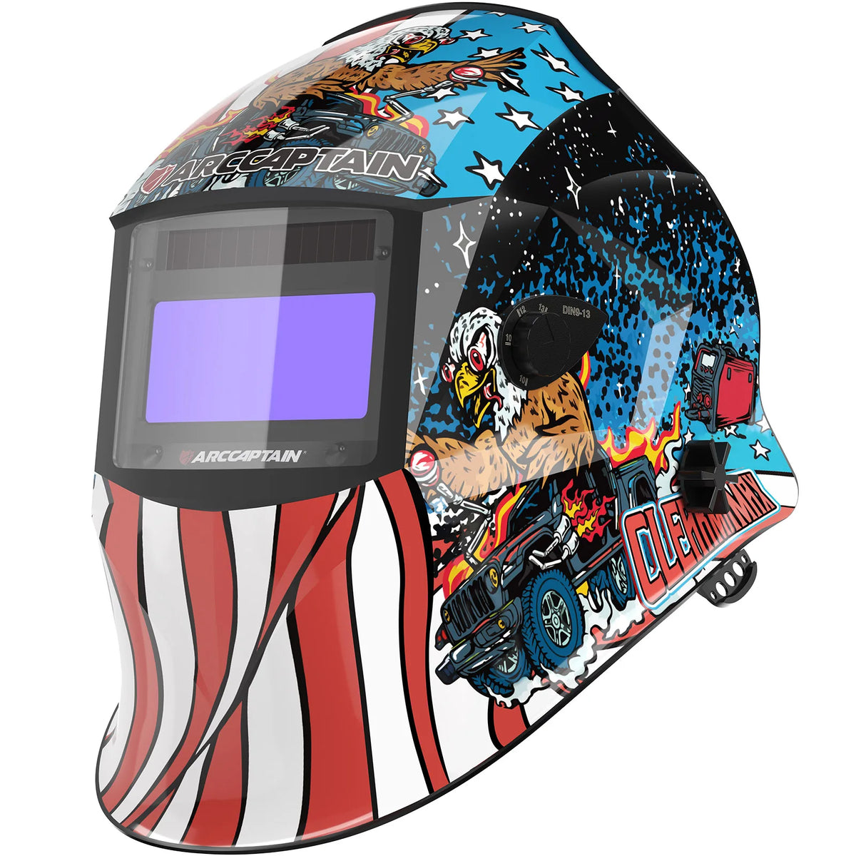 A custom welding helmet featuring a superhero design with stars, a tiger, and American flag stripes.