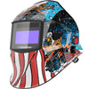 A custom welding helmet featuring an Arccaptain design with a starry background and patriotic stripes.