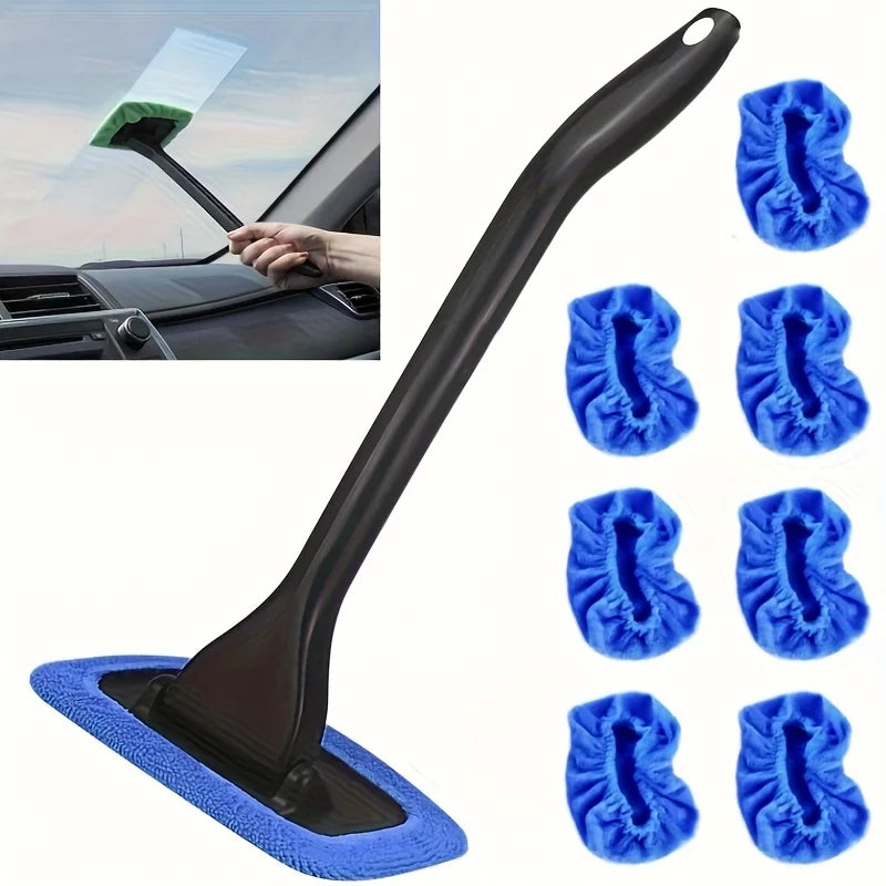 A black car windshield cleaning tool with a squeegee wiper and multiple blue cleaning pads.
