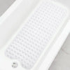 A white non-slip bathtub mat with suction cups and drain holes is shown on a marble surface.