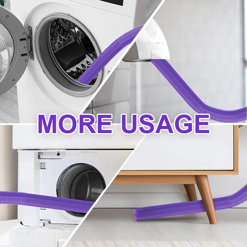 A purple dryer vent cleaning hose is shown attached to a white appliance, demonstrating more usage.