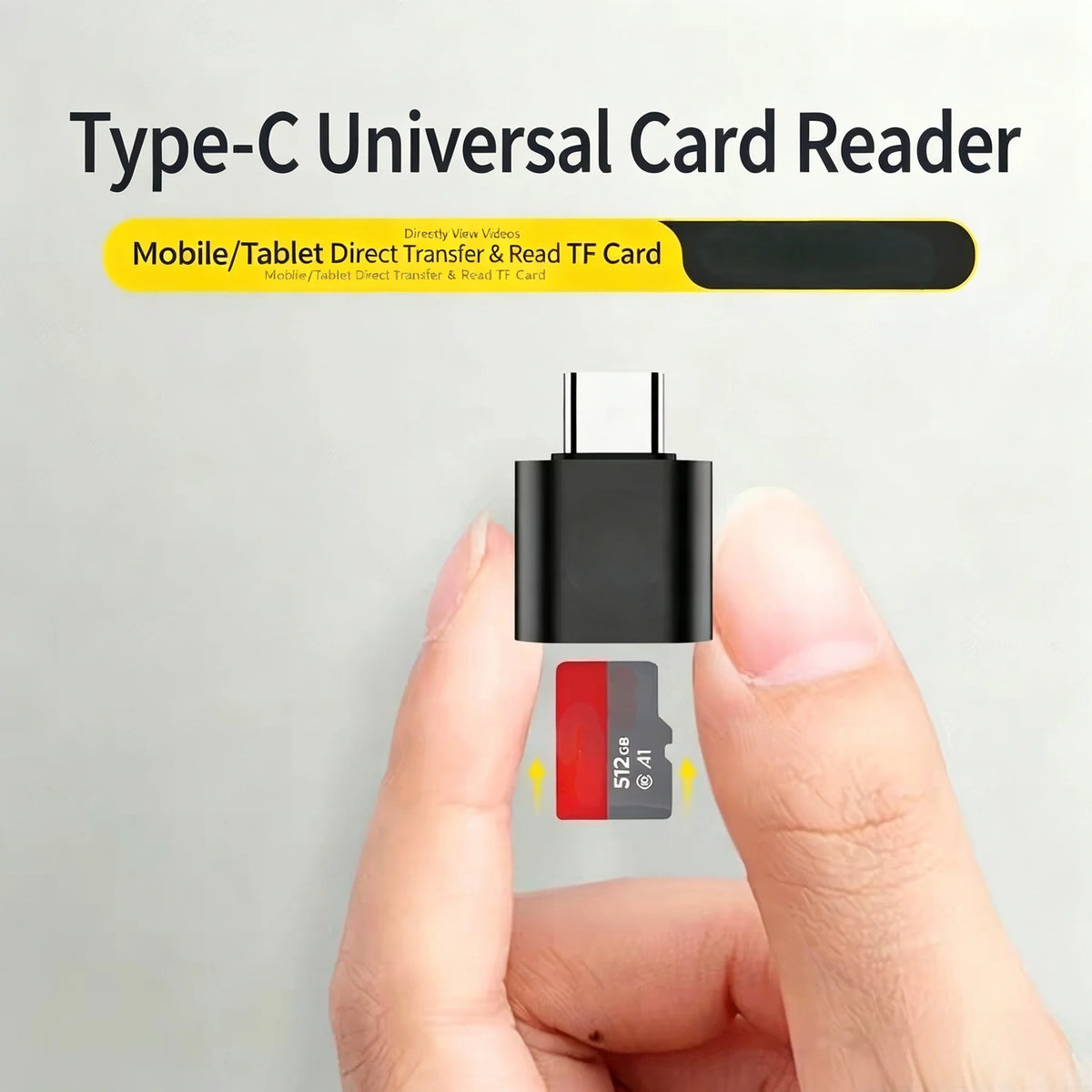 A hand holds a black Type-C universal card reader device with a memory card inserted.