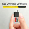 A hand holds a black Type-C universal card reader device with a memory card inserted.