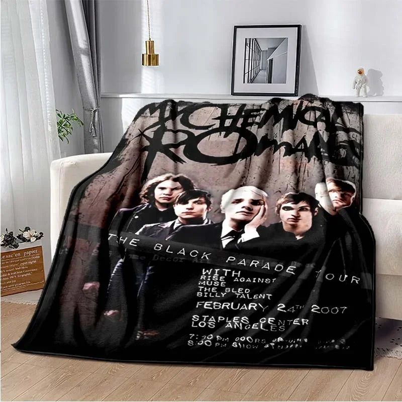 A black and white graphic blanket featuring the My Chemical Romance band logo and concert details.