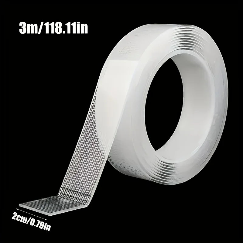 Roll of 3m/118.11in Nano Double-Sided Tape shown unwound against a black background.