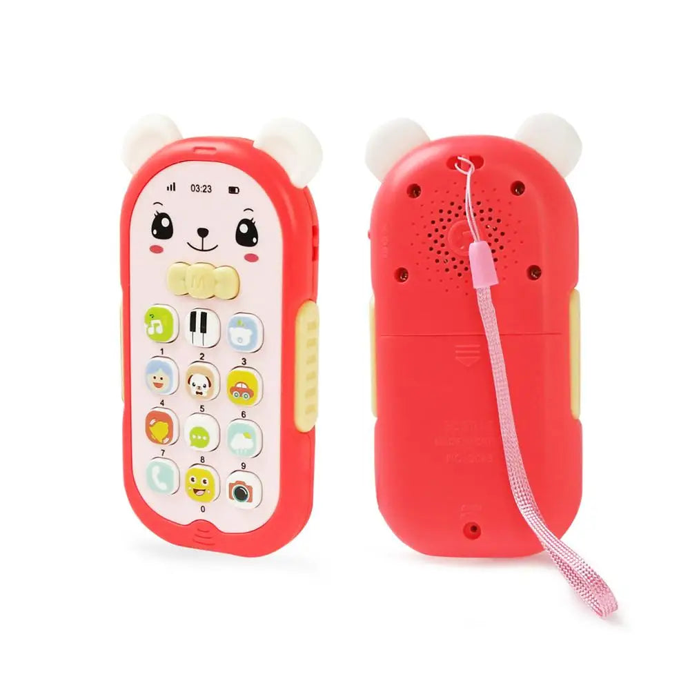 A red musical teether phone toy shaped like a bear with white ears, showing the front and back views.