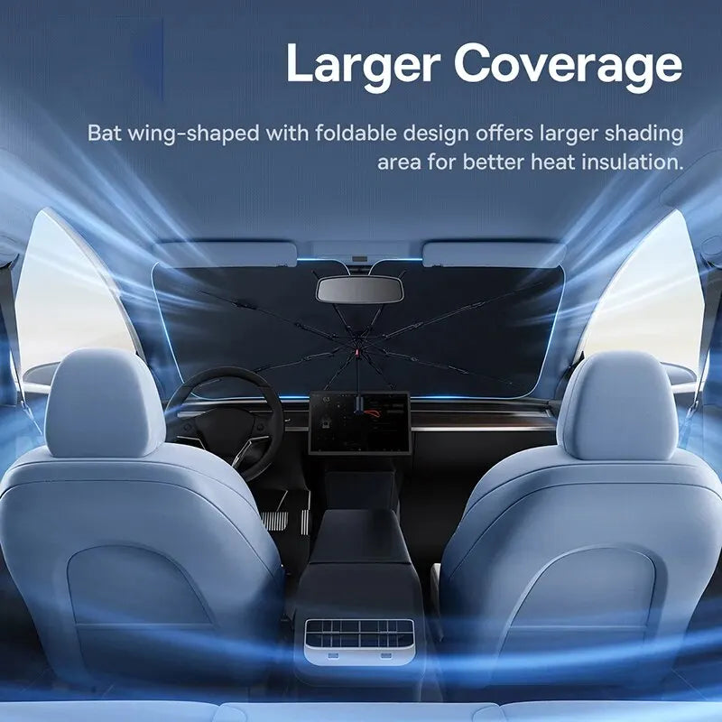 Interior view of a car showing bat wing-shaped sun shades covering the windshield for better heat insulation.