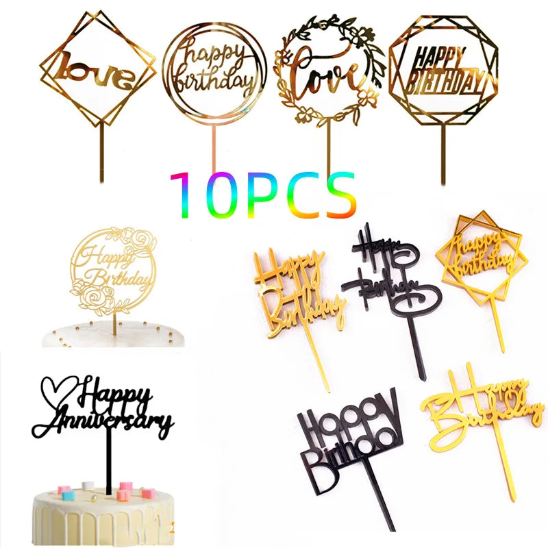 Gold Acrylic Happy Birthday Cake Toppers (Set of 10)