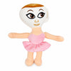 A soft pink and orange plush toy resembling a shark with large eyes and a tutu skirt.