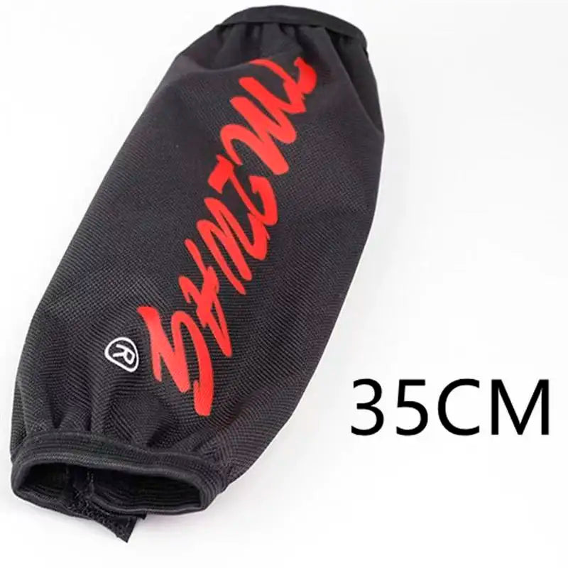 Black waterproof shock absorber cover for dirt bikes and ATVs with red lettering and 35cm size