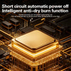 Close-up view of a gold-colored electronic component with intricate circuit board details and text describing automatic power