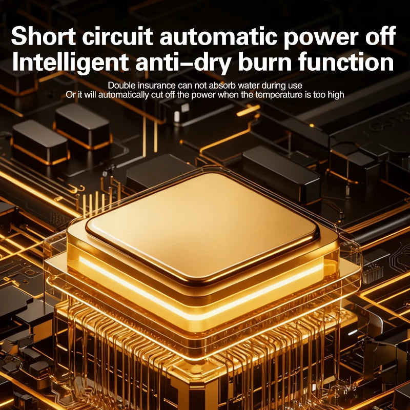 Close-up view of a gold-colored electronic component with intricate circuit board details and text describing automatic power