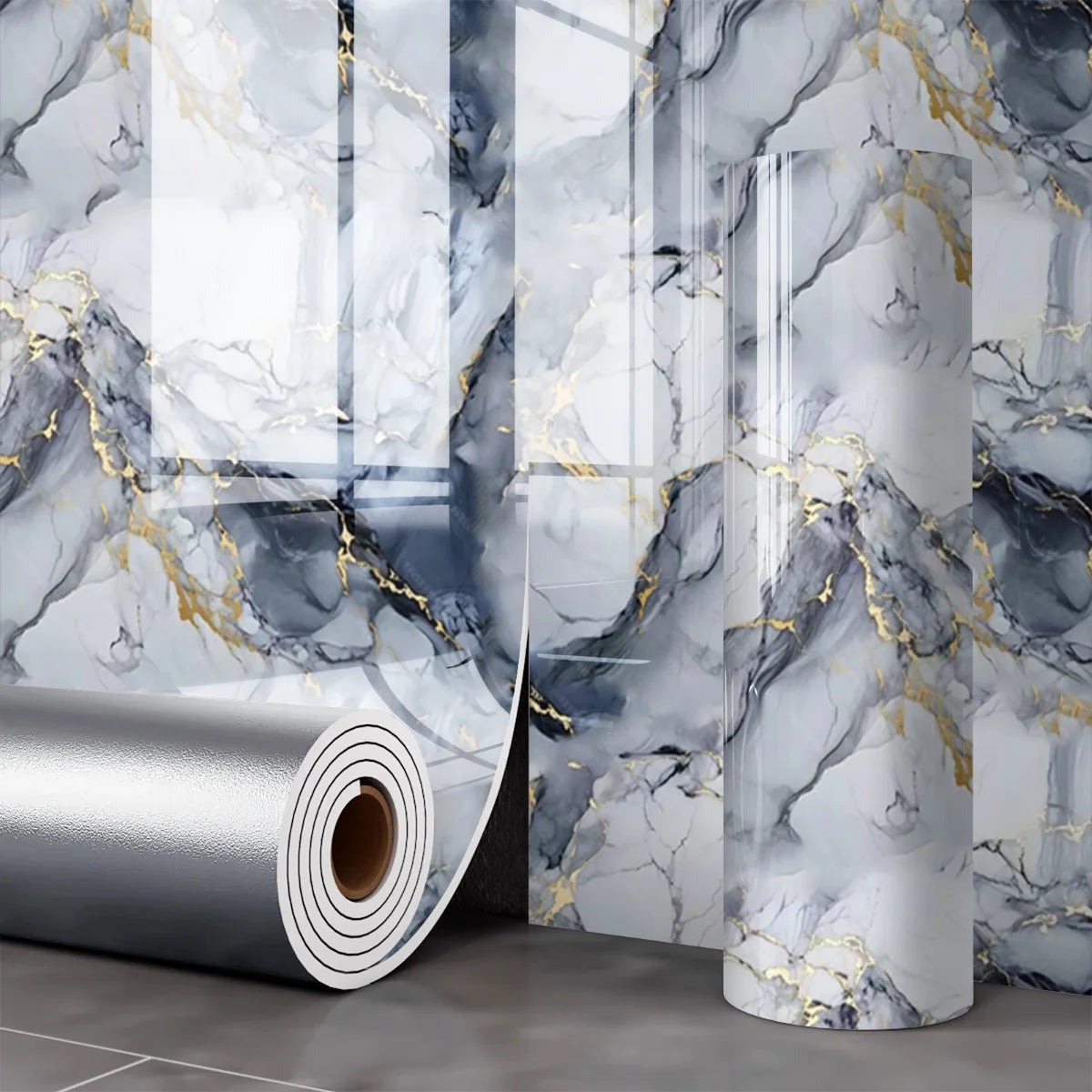 Roll of 3D marble peel-and-stick waterproof wall panels featuring gray and gold veining