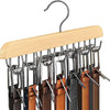 Wooden belt organizer rack with fourteen metal hooks for organizing belts and accessories