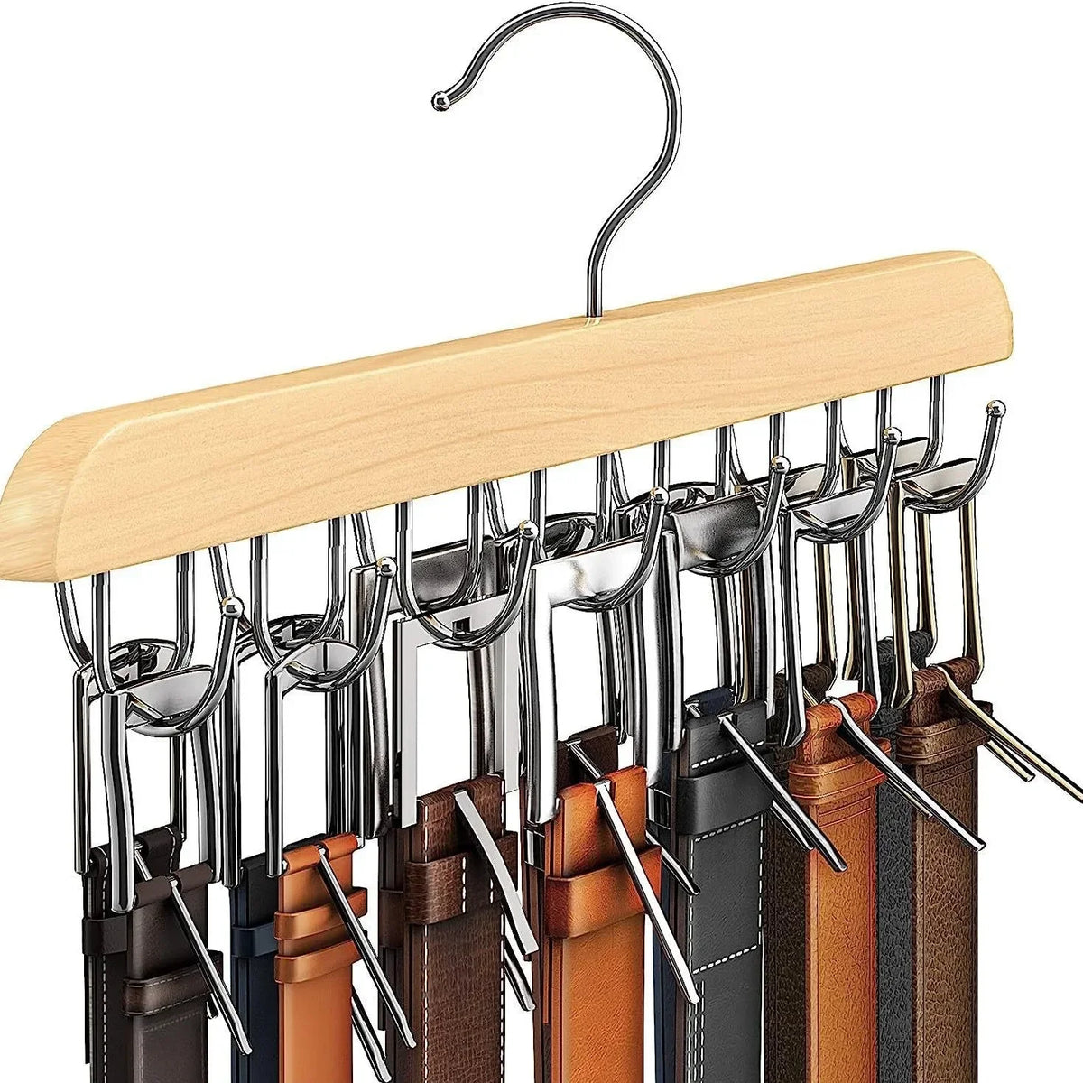 Wooden belt organizer rack with fourteen metal hooks for organizing belts and accessories