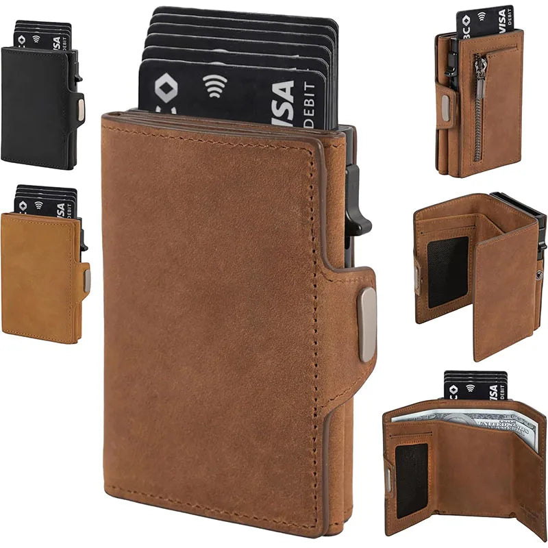 A brown leather card holder wallet with a pop-up design showing several cards and a credit card.